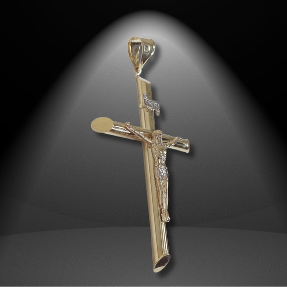 GOLD Cross Jesus pendant 14k Crucifix yellow Charm necklace Big Gold Filled - Picture 4 of 9